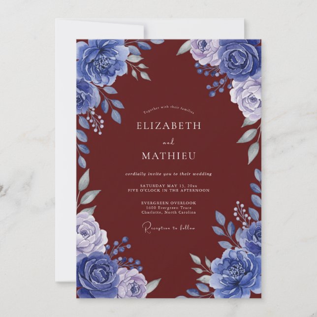 Invitación Boda Pintada de Cobalt y Granate (Anverso)