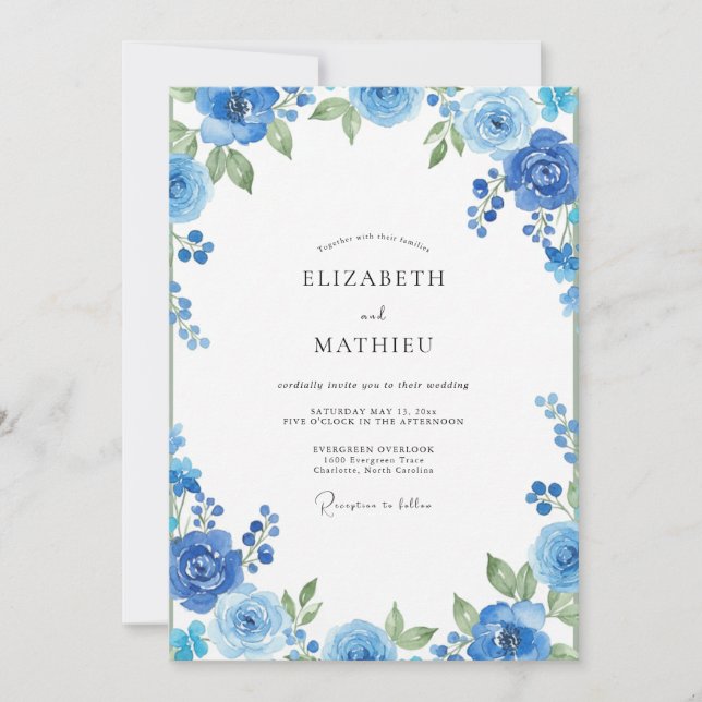 Invitación Boda Pintada de Cobalto y Azul (Anverso)