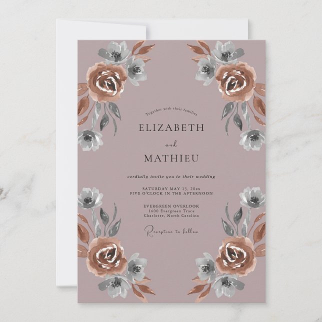 Invitación Boda Pintada de Cobre Malva Polvoriento (Anverso)