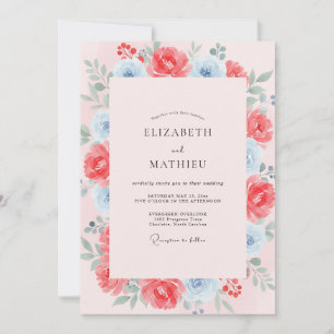 Invitación Boda Pintada de Coral Cálido y Azul Azure
