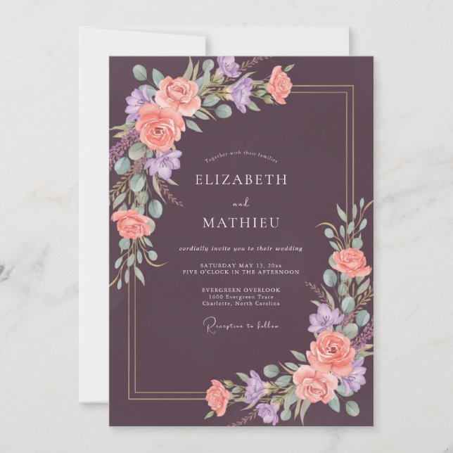 Invitación Boda Pintada de Coral Ciruela (Anverso)