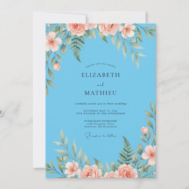 Invitación Boda Pintada de Coral con Azul Azure (Anverso)