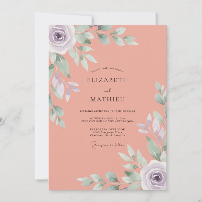 Invitación Boda Pintada de Coral Lila (Anverso)