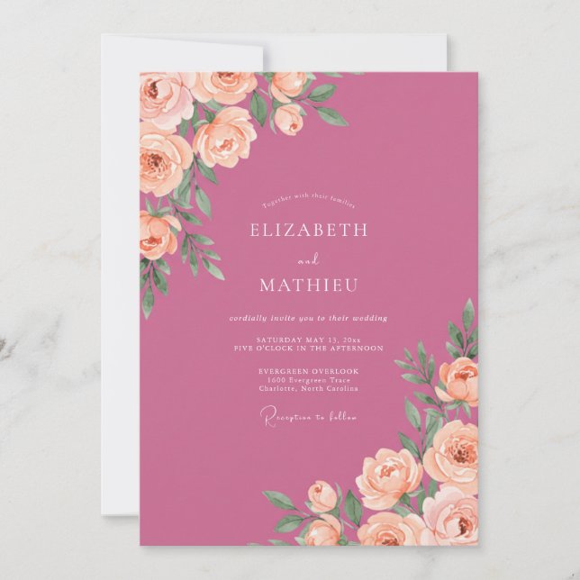 Invitación Boda Pintada de Coral Magenta (Anverso)