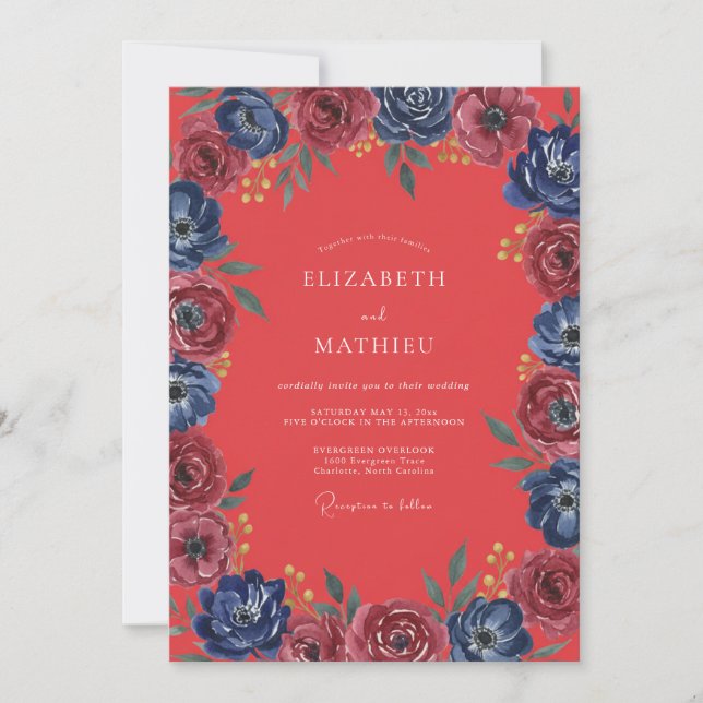 Invitación Boda Pintada de Coral Suave Índigo (Anverso)