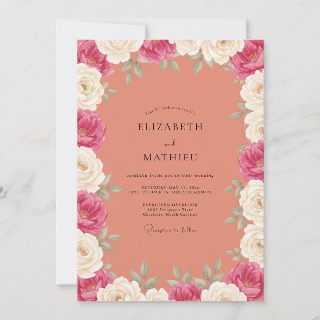 Invitación Boda Pintada de Coral Suave Magenta (Anverso)