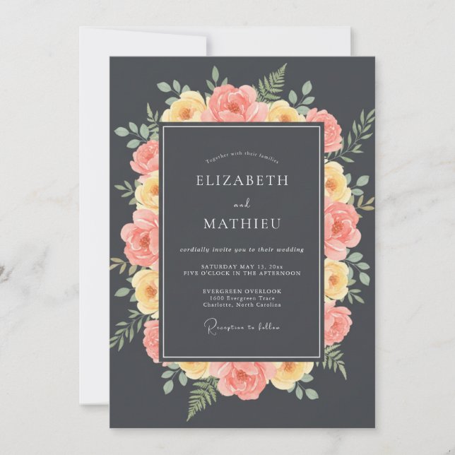 Invitación Boda Pintada de Coral y Carbón (Anverso)