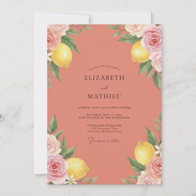 Invitación Boda Pintada de Coral y Limón (Anverso)