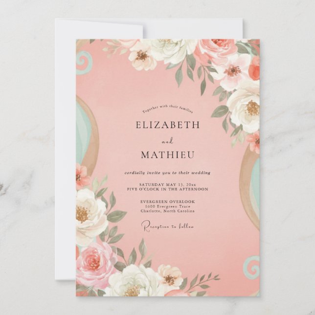 Invitación Boda Pintada de Coral y Melocotón (Anverso)
