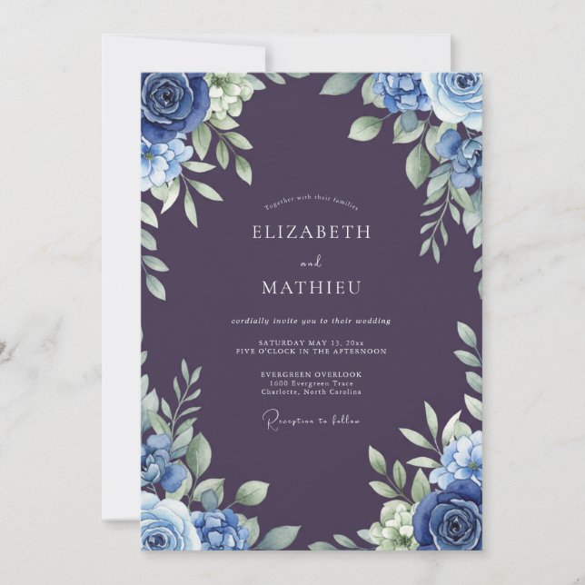 Invitación Boda Pintada de Flor de Aciano Ciruela (Anverso)