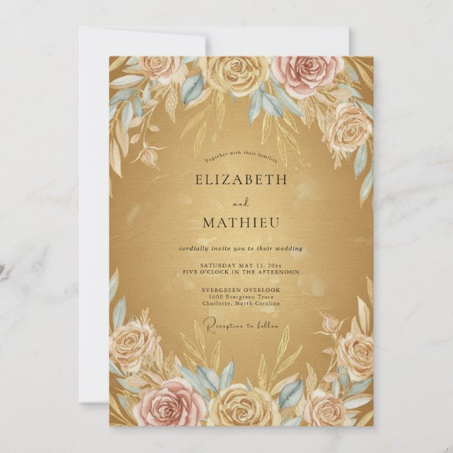 Invitación Boda Pintada de Flor de Oro (Anverso)