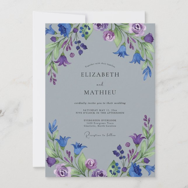 Invitación Boda Pintada de Índigo Violeta de Jardín (Anverso)