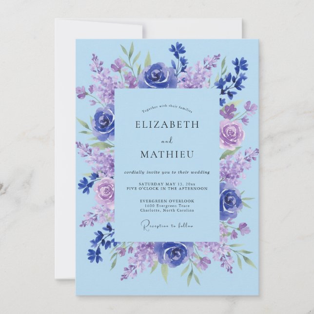 Invitación Boda Pintada de Lavanda Periwinkle (Anverso)