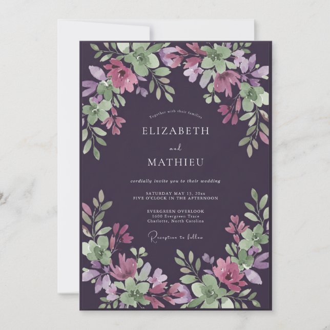 Invitación Boda Pintada de Lavanda y Berenjena (Anverso)