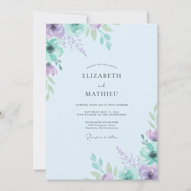 Invitación Boda Pintada de Lavanda y Menta (Anverso)