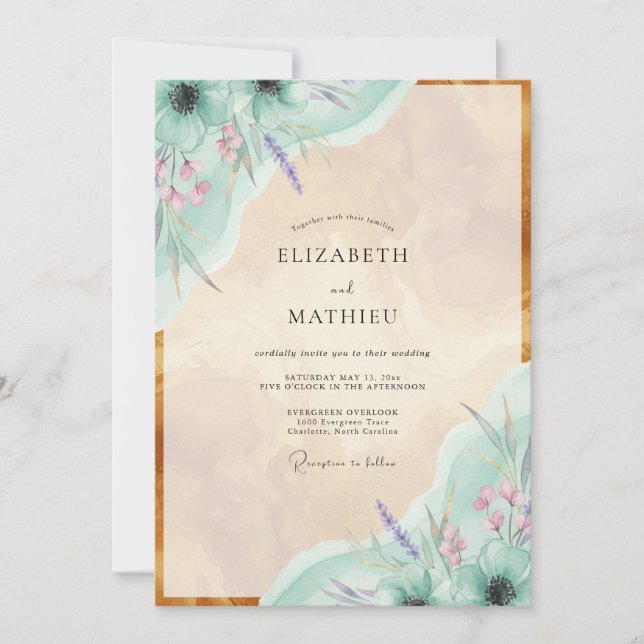 Invitación Boda Pintada de Lavanda y Menta (Anverso)