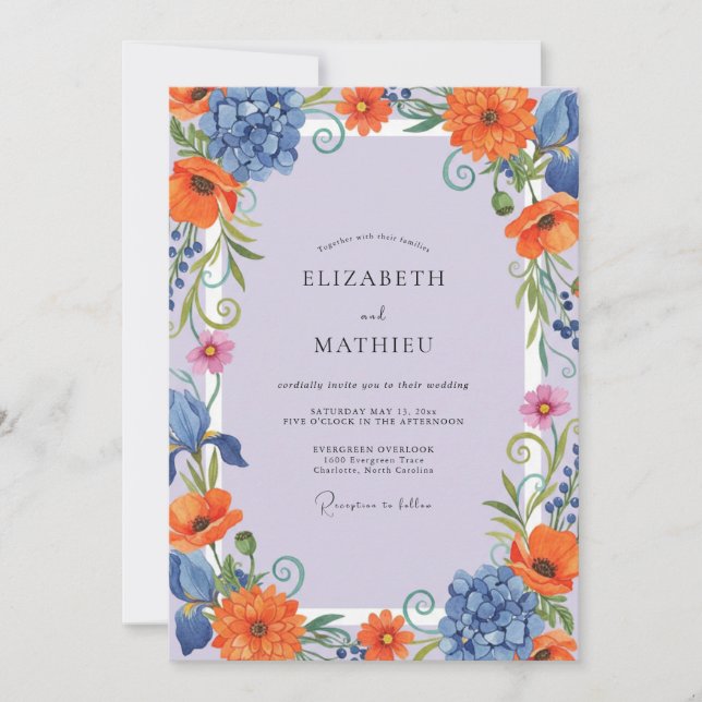Invitación Boda pintada de lavanda y naranja (Anverso)