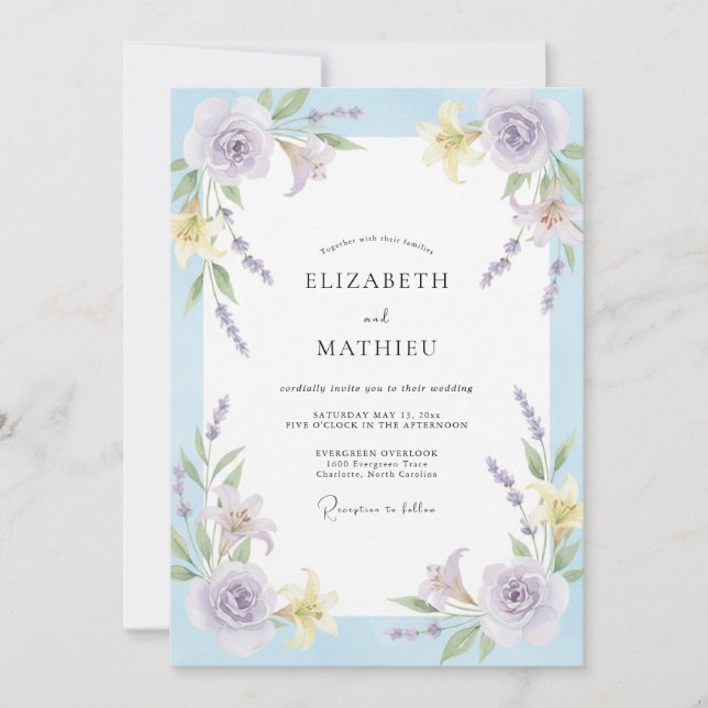 Invitación Boda Pintada de Lavanda y Periwinkle (Anverso)