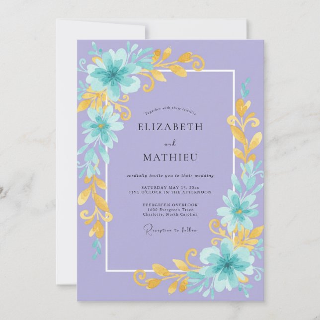 Invitación Boda Pintada de Lila Acuática (Anverso)