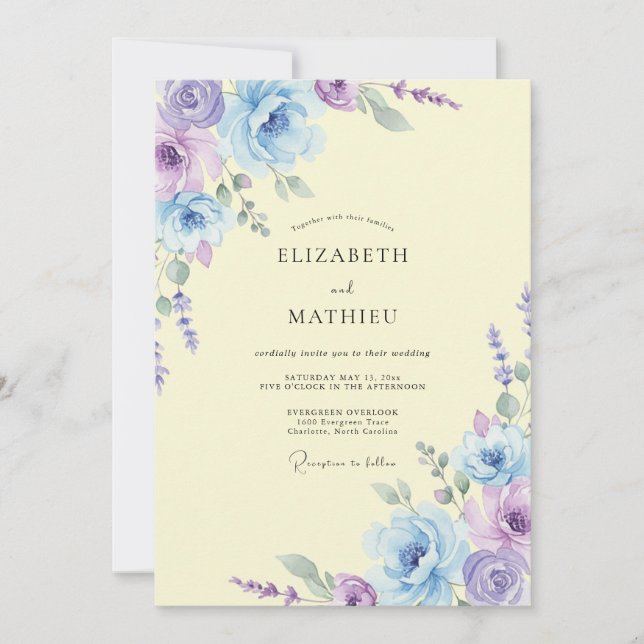 Invitación Boda Pintada de Lila Amarillo Pálido (Anverso)