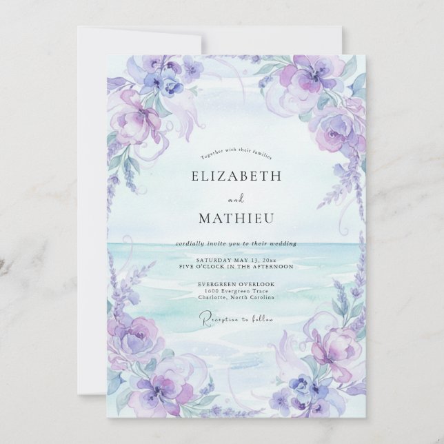 Invitación Boda pintada de lila junto al mar (Anverso)