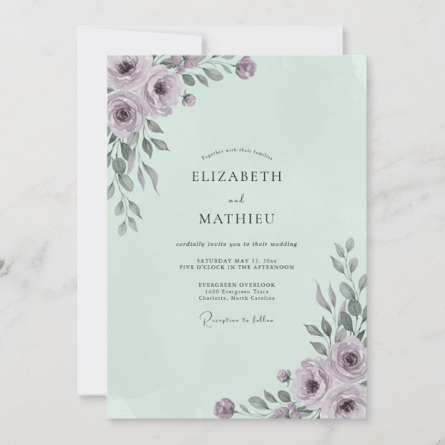 Invitación Boda Pintada de Lila Pálido y Menta (Anverso)