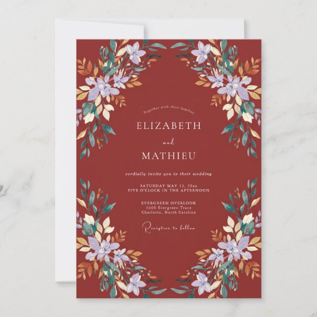 Invitación Boda Pintada de Lila Rojo Ladrillo (Anverso)