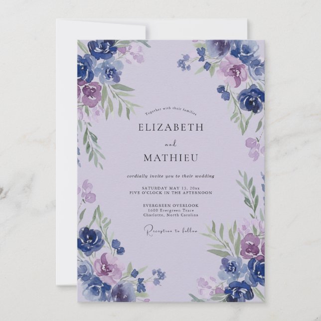 Invitación Boda Pintada de Lila Suave Periwinkle (Anverso)