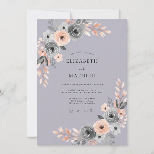 Invitación Boda Pintada de Lila y Carbón (Anverso)