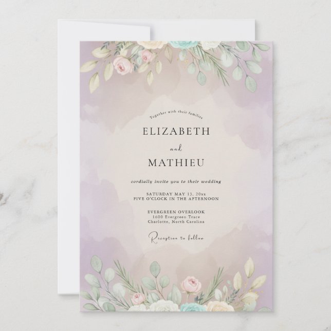 Invitación Boda Pintada de Lila y Menta (Anverso)