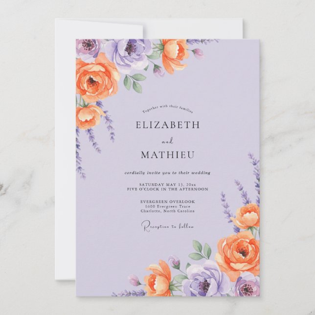 Invitación Boda Pintada de Lila y Naranja (Anverso)