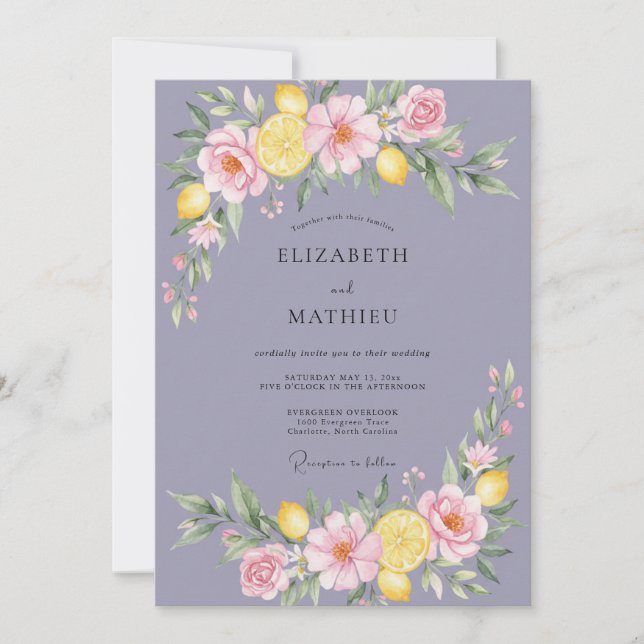 Invitación Boda Pintada de Limón y Periwinkle (Anverso)