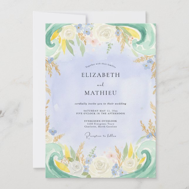 Invitación Boda Pintada de Limón y Periwinkle Rústico (Anverso)