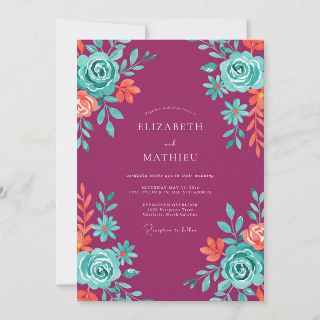 Invitación Boda Pintada de Magenta Acuático Celestial (Anverso)