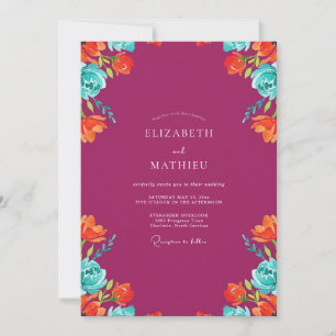 Invitación Boda pintada de magenta turquesa costero