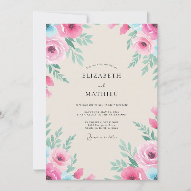 Invitación Boda Pintada de Magenta y Acuático (Anverso)