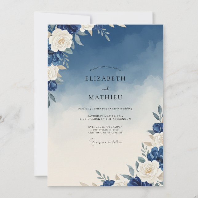 Invitación Boda Pintada de Marfil de Cobalto (Anverso)