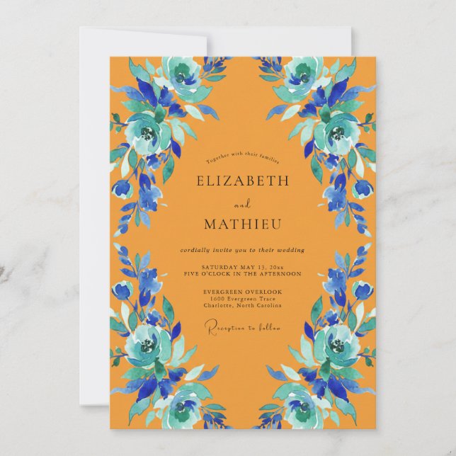 Invitación Boda Pintada de Marigold Teal (Anverso)
