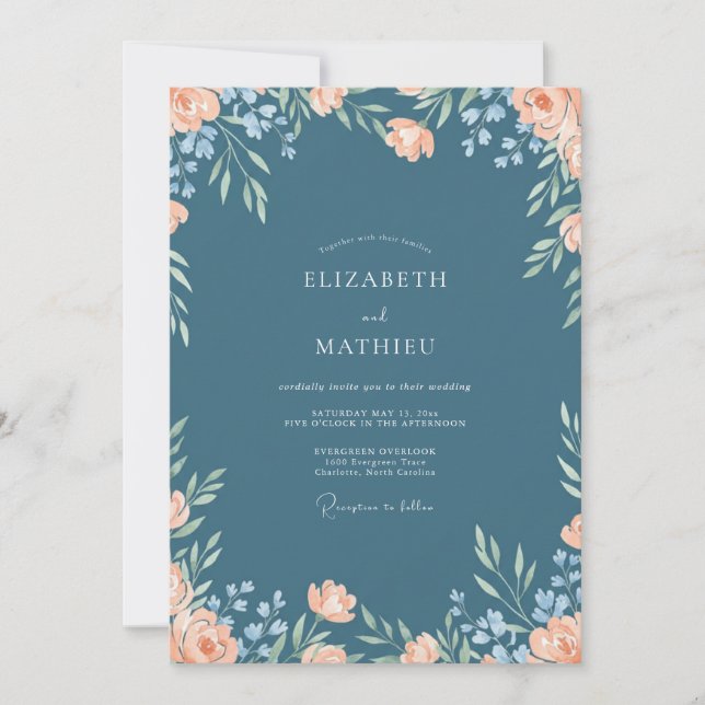 Invitación Boda Pintada de Melocotón Azul Acero (Anverso)