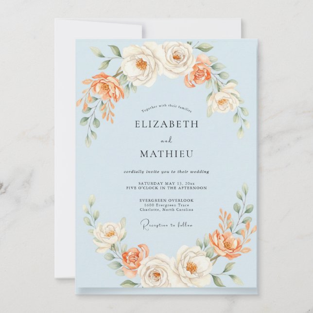 Invitación Boda Pintada de Melocotón Azul Polvo (Anverso)