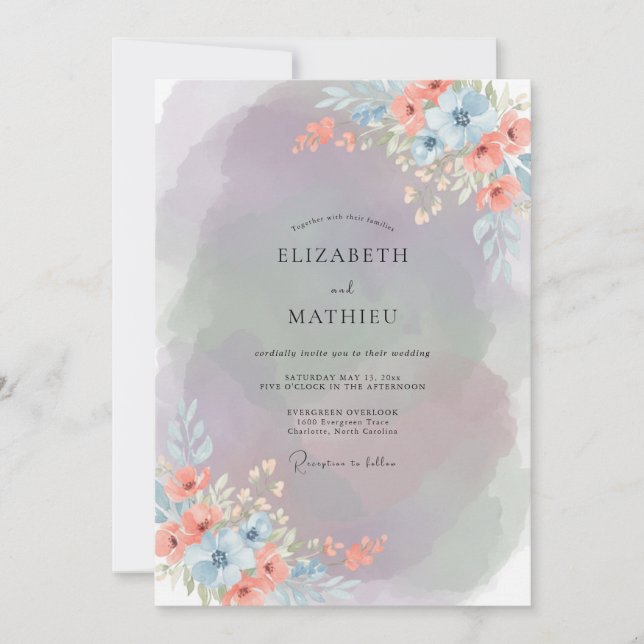 Invitación Boda Pintada de Melocotón Cálido y Periwinkle (Anverso)