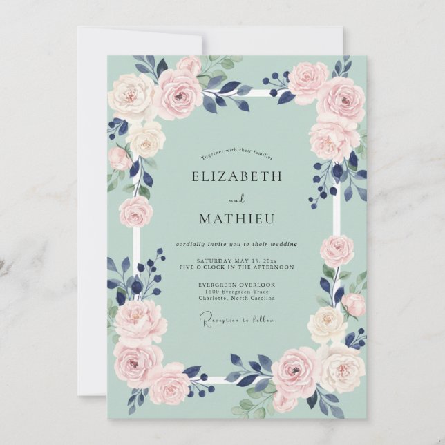 Invitación Boda Pintada de Melocotón con Rubor Índigo (Anverso)