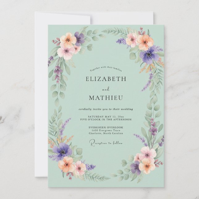 Invitación Boda Pintada de Melocotón y Periwinkle Verde Espum (Anverso)