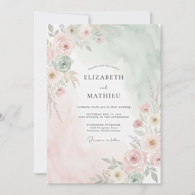 Invitación Boda Pintada de Menta y Melocotón (Anverso)