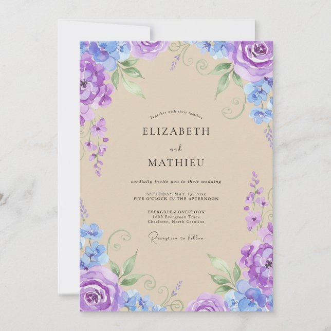Invitación Boda Pintada de Morado y Periwinkle (Anverso)