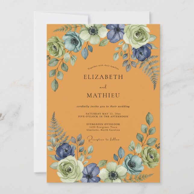 Invitación Boda Pintada de Mostaza Índigo (Anverso)