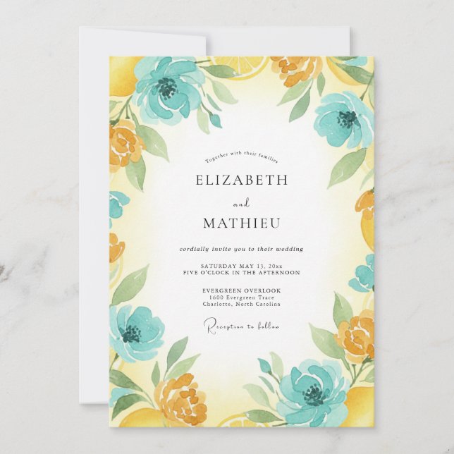 Invitación Boda Pintada de Mostaza Turquesa (Anverso)