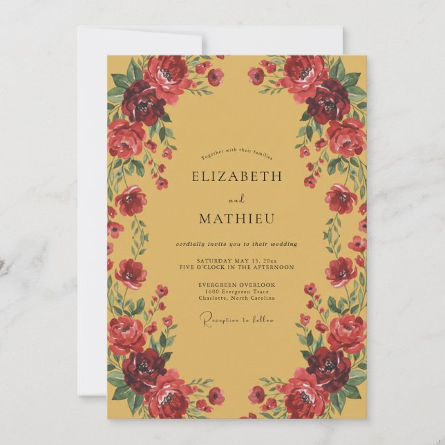 Invitación Boda Pintada de Mostaza y Carmesí (Anverso)