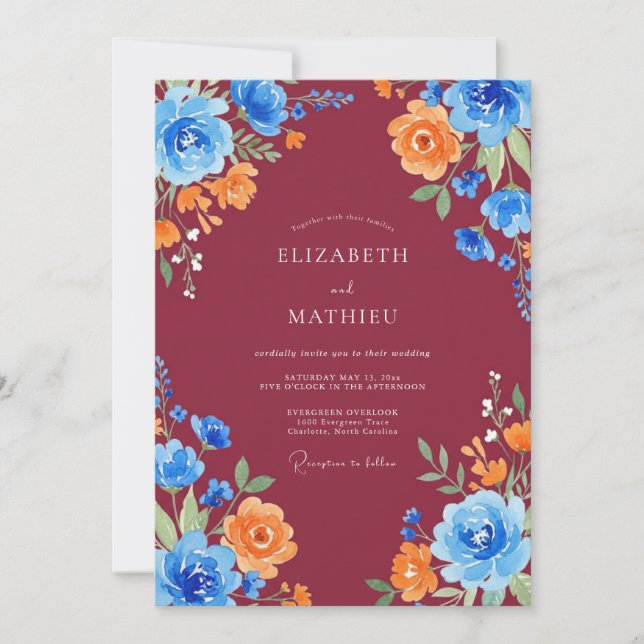 Invitación Boda Pintada de Naranja Azul Burdeos (Anverso)