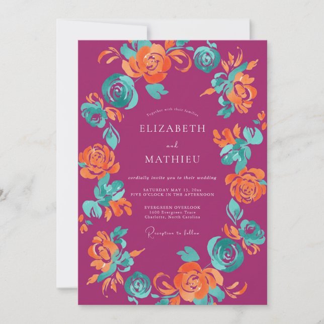 Invitación Boda Pintada de Naranja Magenta (Anverso)